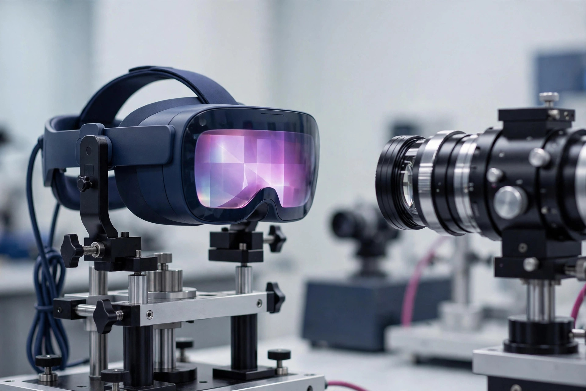 AR/VR headset mounted on a test rig facing a measurement lens