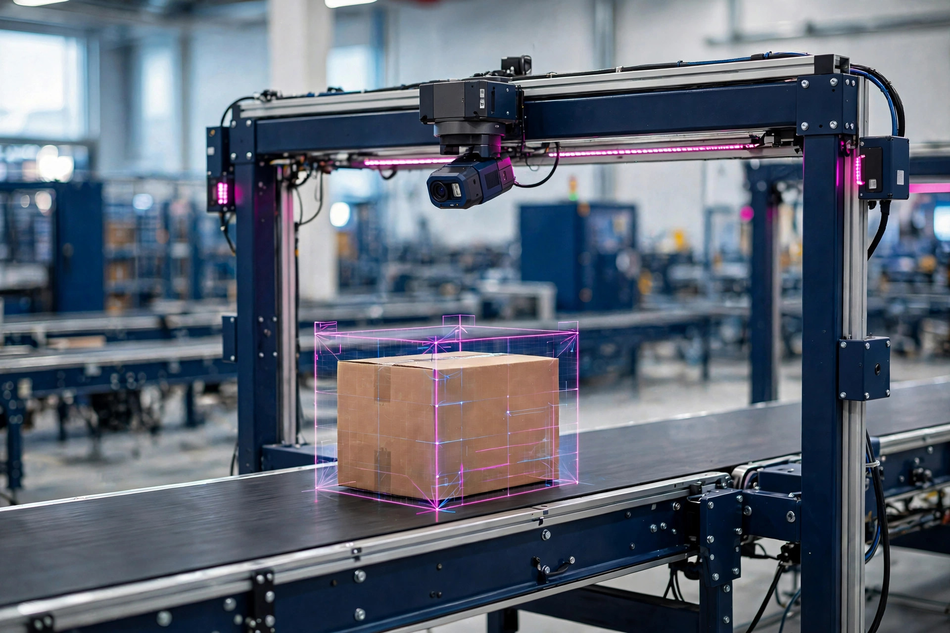 Gantry-mounted 3D camera scanning a parcel on a conveyor belt