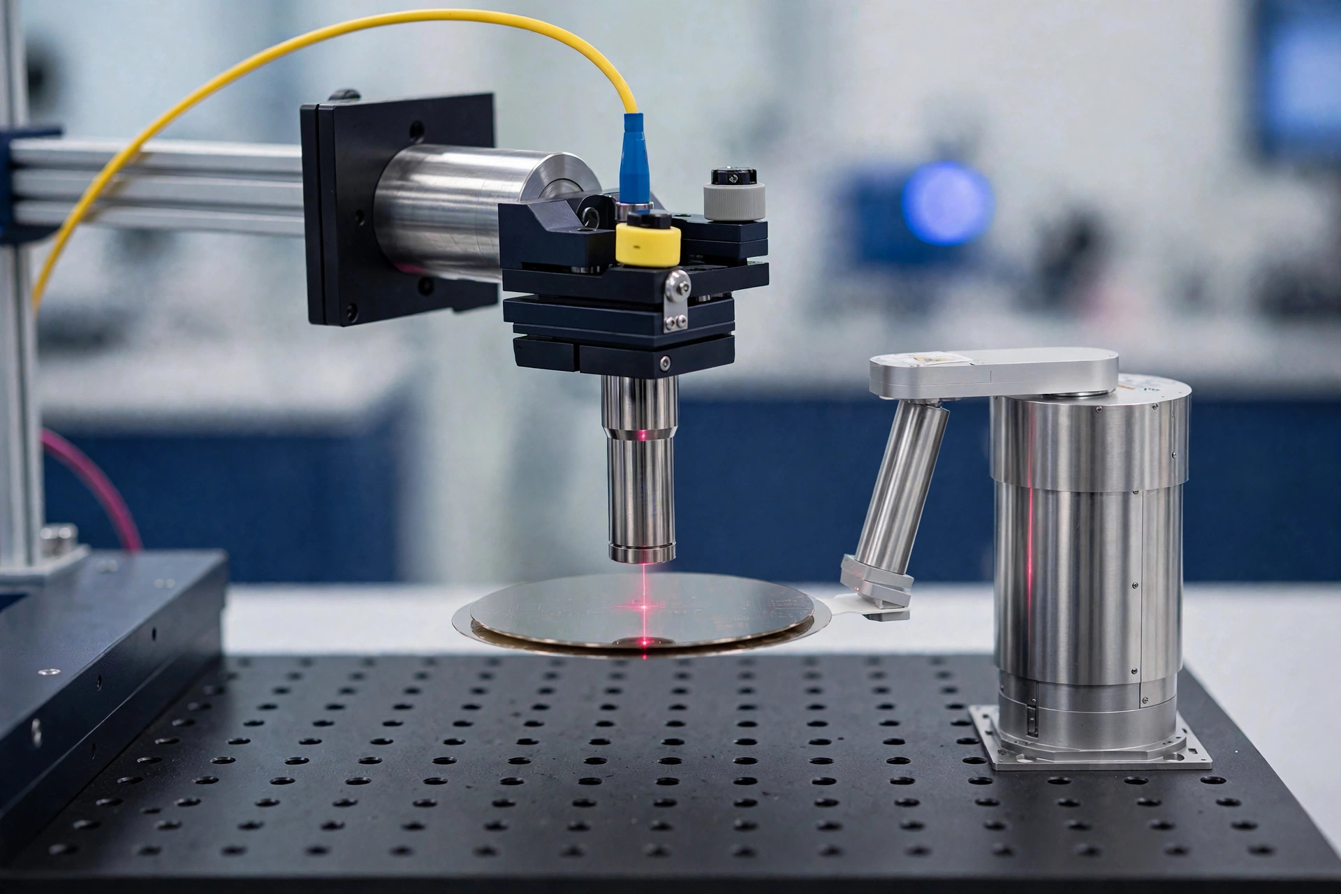 OCT probe measuring a wafer held by a robot arm with a red laser beam