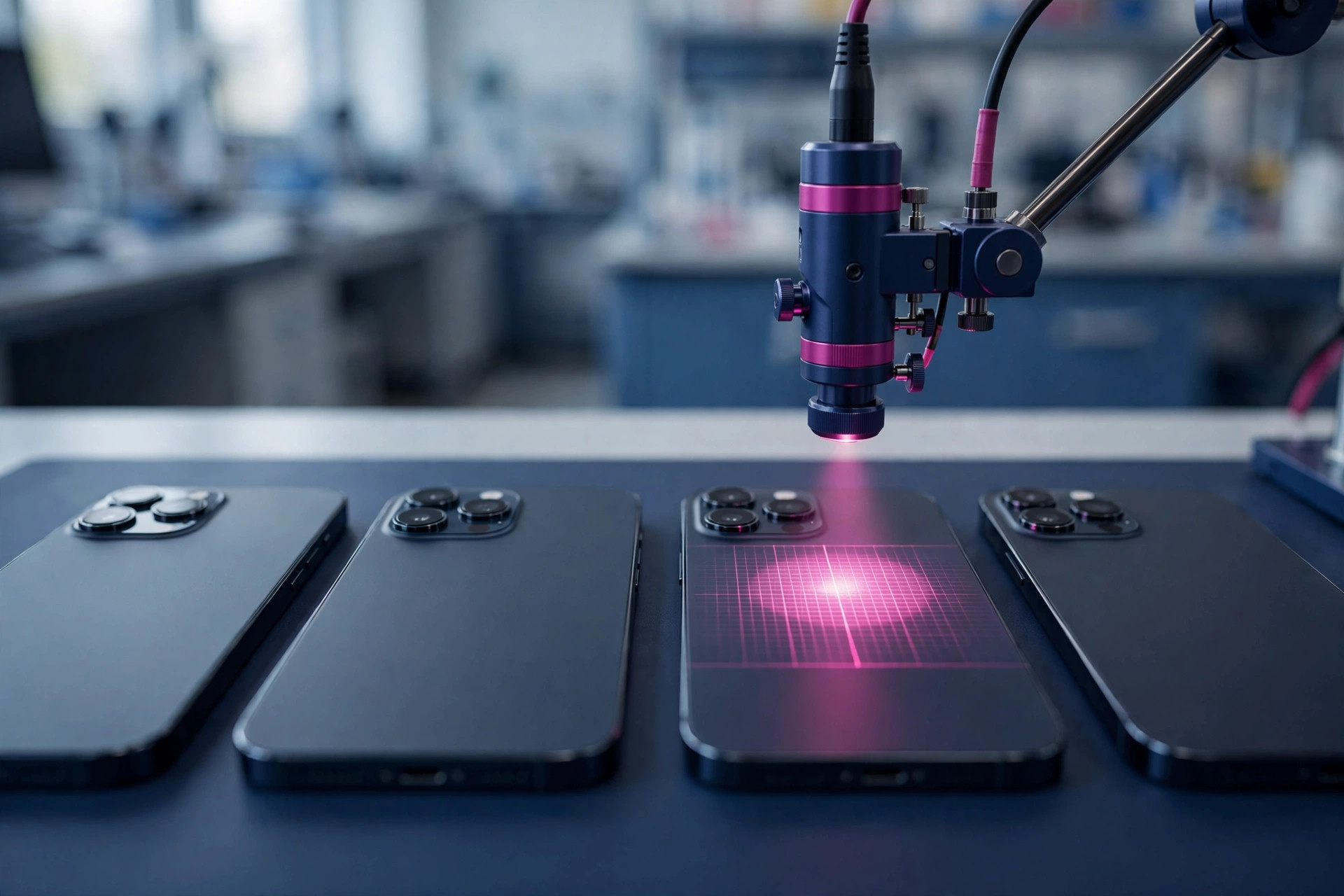 Smartphones laid out back side up in the lab, a color measurement probe measuring a back housing