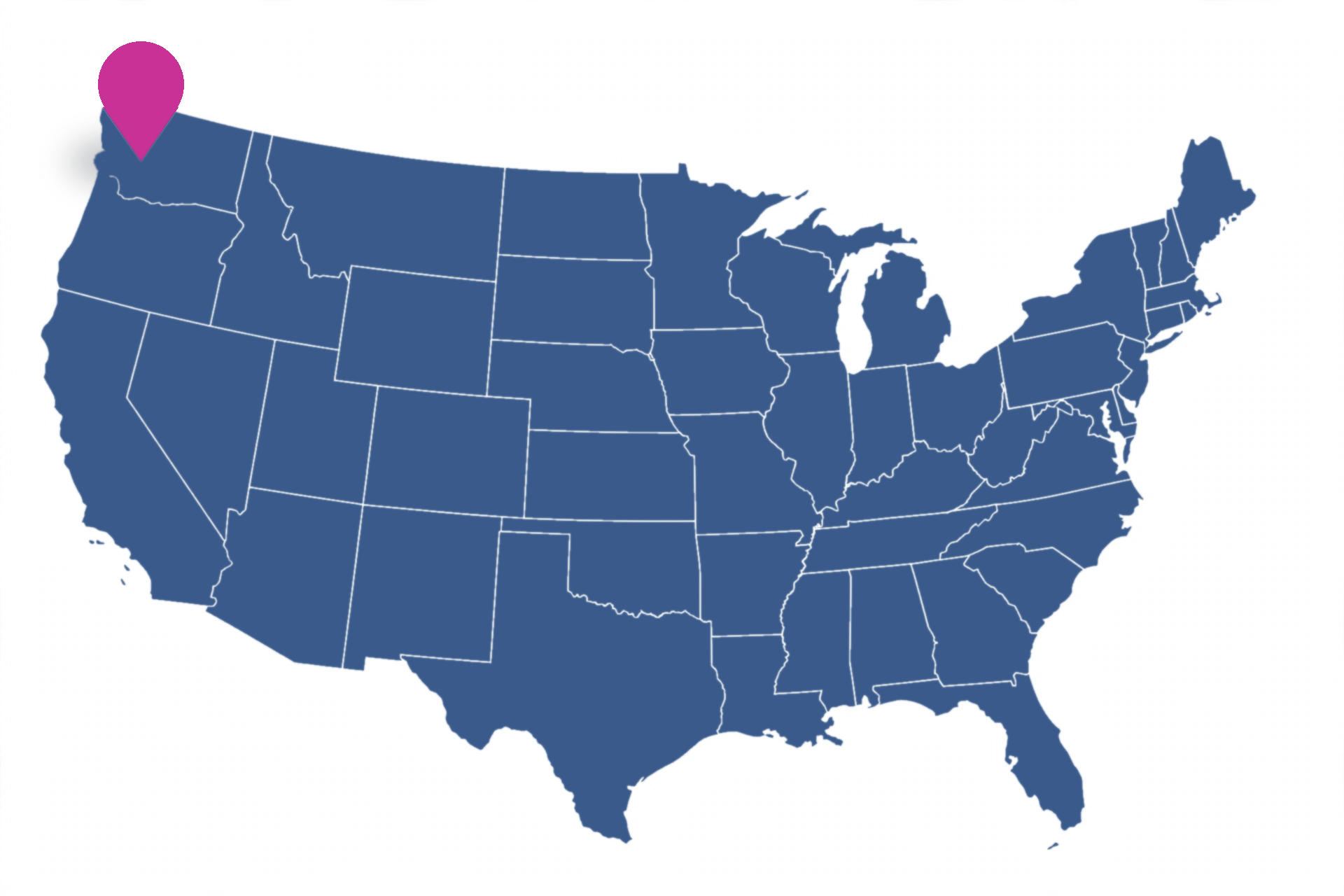 Map of the United States with a marker on Redmond, Washington